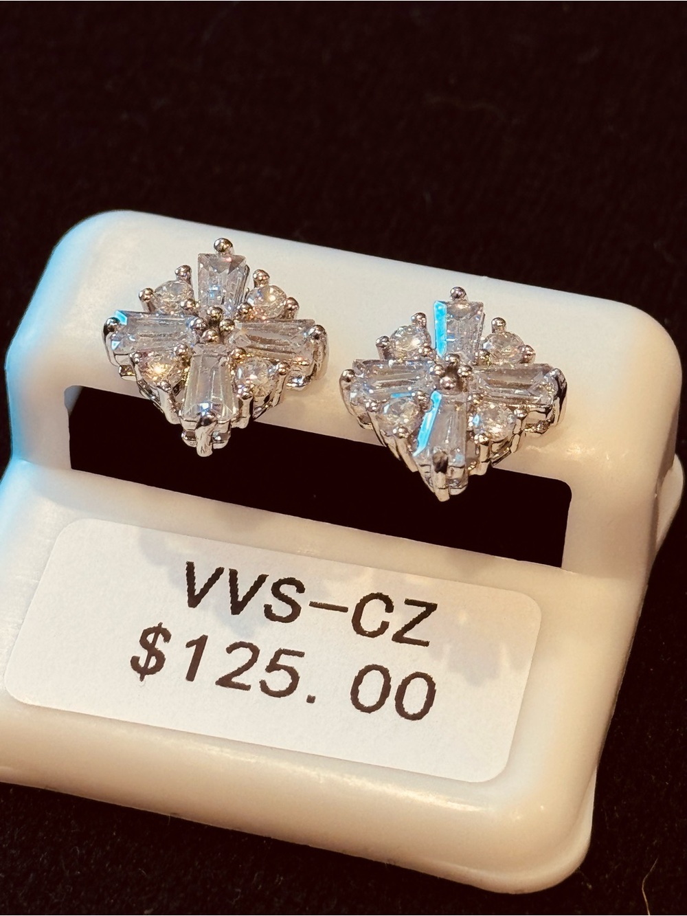NWT VVS-CZ Baguette Cluster Stud Earrings Stainless Steel Rhodium plating